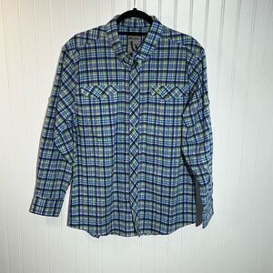Mojo Sportswear Fishing Shirt Mens Medium Long Sleeve Button Blue Plaid Pocketed